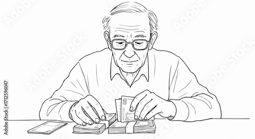 Old man counting money, elderly male handling cash, banknotes on table. Rich elderly man counting money in his office, enjoying financial success.