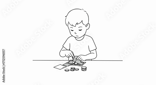 Young boy counting money, carefully separating coins and bills, making a financial plan. Counting money for savings or expenses is important at any age.