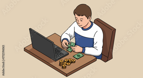 Young man making money online using laptop and counting cash, earnings from online work at home. Man making money online by counting savings, showing financial success with cash, coins and computer.