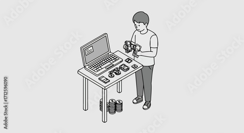 Illustration of photographer holding a camera with photographic equipment. This photographer is in his studio surrounded by his tools, demonstrating photographic equipment management and organization.