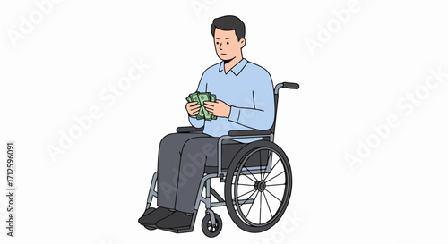 Man in wheelchair holding money. Man in wheelchair sitting and counting cash is isolated on white. Concept of person with disability in wheelchair earning money, personal wealth,