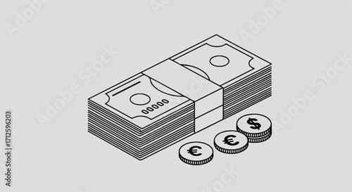 Currency pile shows money with Euro and dollar symbols. Currency pile with money shows world finance and wealth. Display currency pile for global investments. Currency pile for investment strategy.