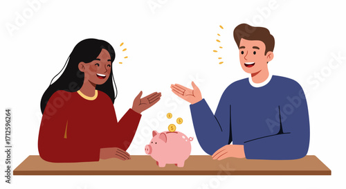 Couple saving money with piggy bank on table, smiling and discussing investment strategies. Saving money as a joint effort, planning financial future together.