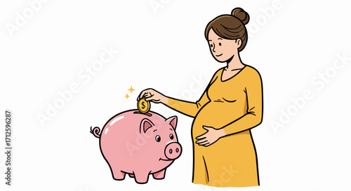 Pregnant woman saving money with pink piggy bank for future child expenses, planning family budget. Saving money while pregnant is important for long-term financial health,