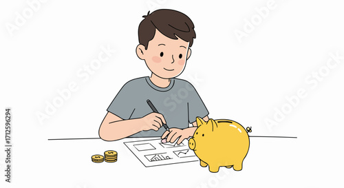 Child saving money with golden piggy bank and writing finance plan on paper. Saving money for future spending requires finance plan. Young boy manages finances, learning importance of saving money,