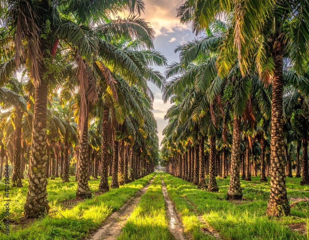 Obraz premium Palm Tree Plantation with Rows of Trees Under Sunny Sky in Tropical Landscape