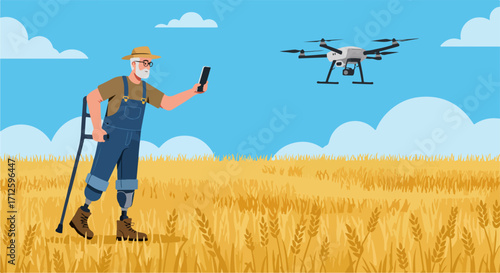 Farmer with drone for agricultural work in yellow wheat field under blue sky. Agricultural work is conducted by elderly man with drone to check on crop, and old farmer uses digital gadget.