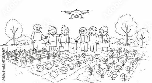 Farm automation scene in black and white showing elderly farmers in field with drone. Farm automation introduces technology to agriculture, including using a drone,