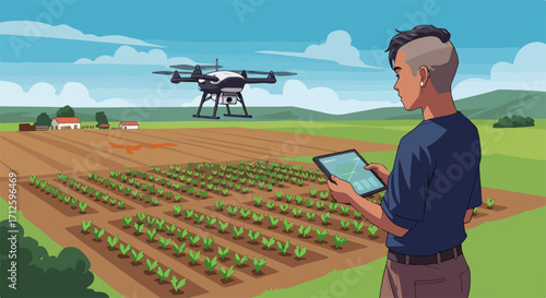 Agricultural drone manages farm field remotely with touch screen, showing future of farming.