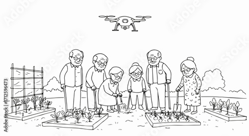 Group of elderly people together in community garden for a relaxing hobby. Community garden offers relaxing retirement hobby for elderly folks, they enjoy gardening with drone view above,