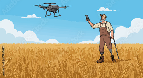 Farmer with drone in wheat field for agricultural technology, showing automated solutions. Farmer with drone demonstrates innovation and digital farming.
