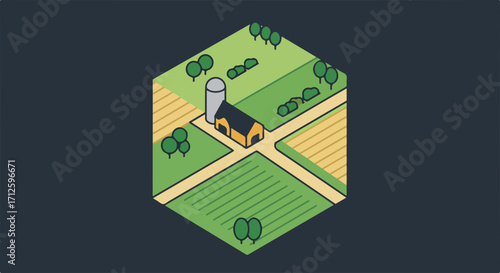 Isometric farm illustration with a small barn, silo, trees, and fields. Isometric farm view, representing rural agriculture and farm life, evokes peace.