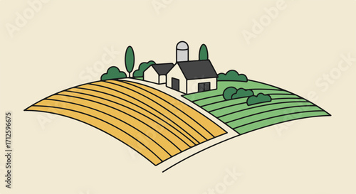 Agriculture landscape displaying farm buildings with cultivated fields. Agriculture landscape featuring a small farm with barn, silo, and neat rows of crops, all in a minimalist style.