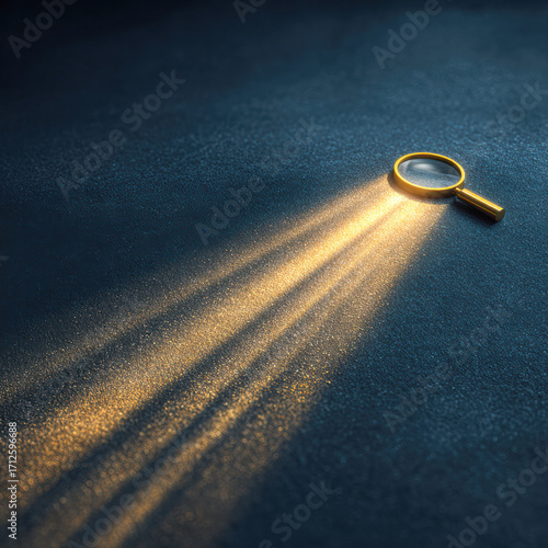 A magnifying glass casts light across a textured surface, creating a dramatic visual effect with golden rays.