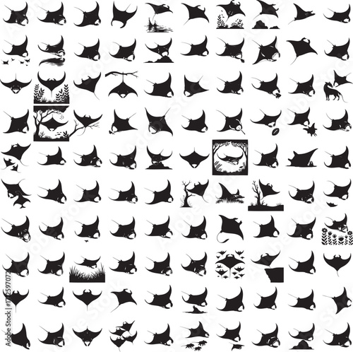 Manta ray full black silhouette set in various poses