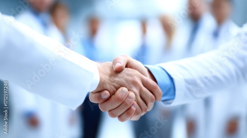 Two doctors shaking hands in a medical office.