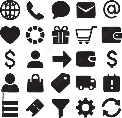 Set of 25 black vector icons for web and app interfaces—minimalist symbols for communication, commerce, and navigation