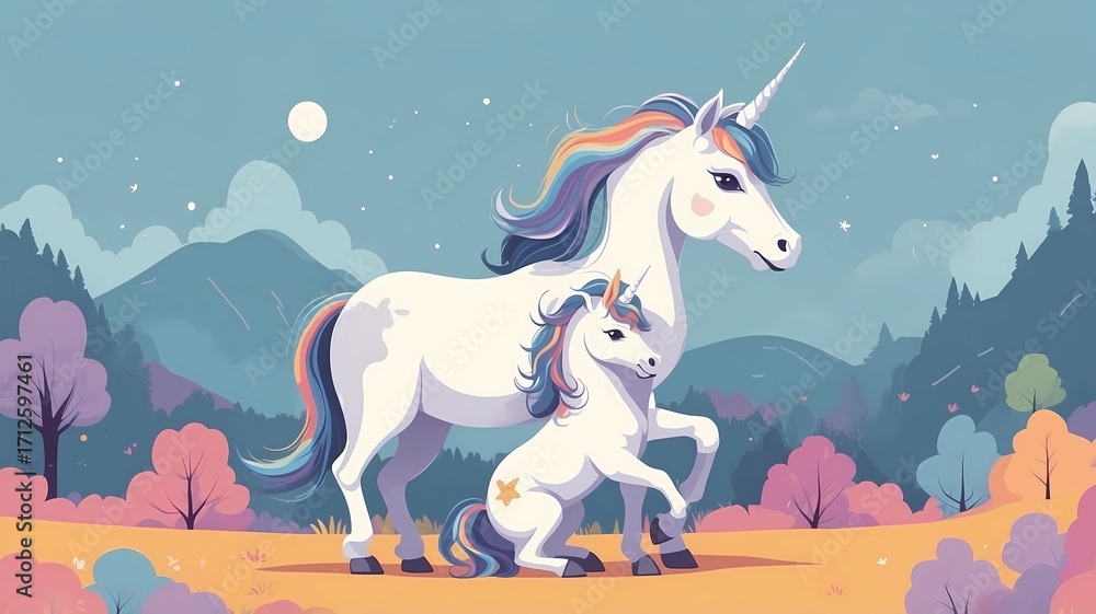 Fototapeta premium Enchanting Unicorn Family Wandering Through a Whimsical Fantasy Forest Landscape at Dawn