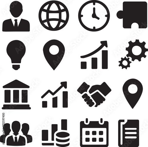 Set of 16 black business and finance icons—minimalist vector symbols for professional, organizational, and economic themes