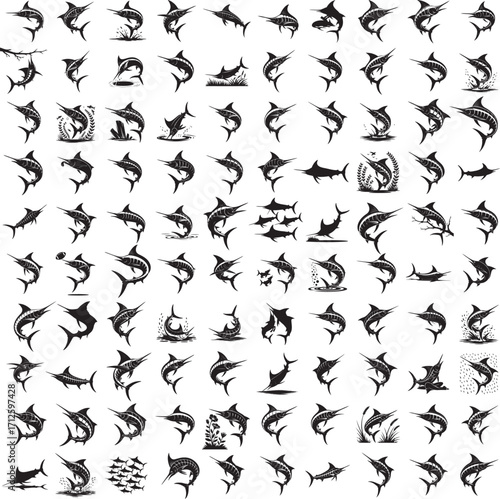 Marlin full black silhouette set in various poses