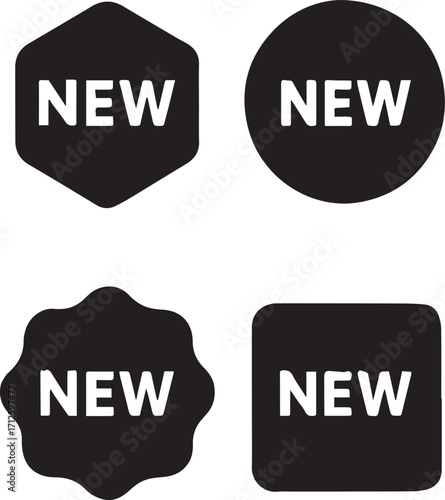 Set of four black "NEW" badges in hexagon, circle, scalloped, and rounded square shapes—minimalist vector icons for design use