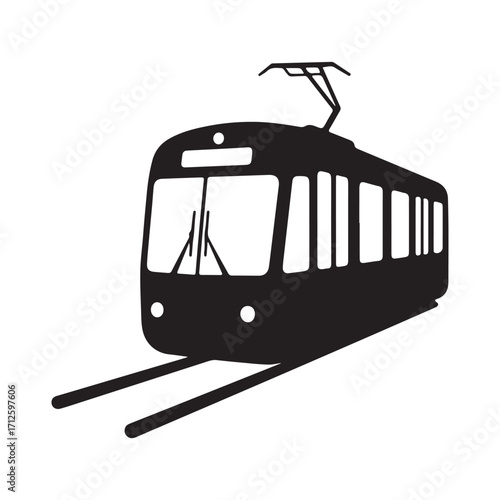 Monochrome Silhouette of a Retro Tram Commuting on the Rails Urban Transportation Cityscape Black and White Train Design