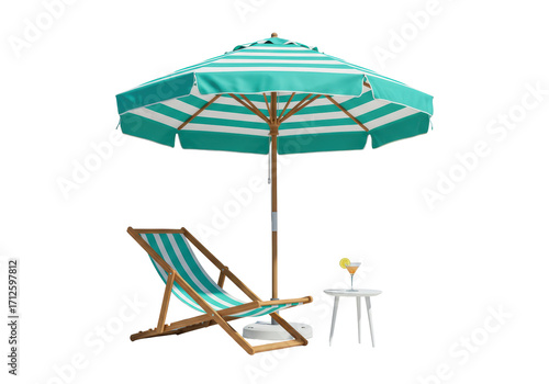 Isolated beach vacation scene with striped umbrella and deckchair, summer relaxation