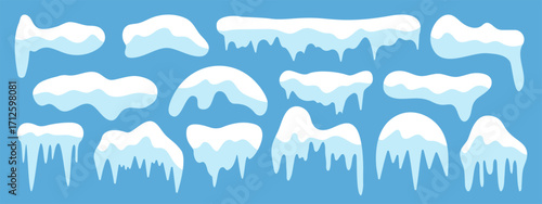 Collection of cartoon snow caps and icicles in a simple, flat design. Set of various frozen snow and ice elements, perfect for decorating roofs, text, or frames for a winter theme