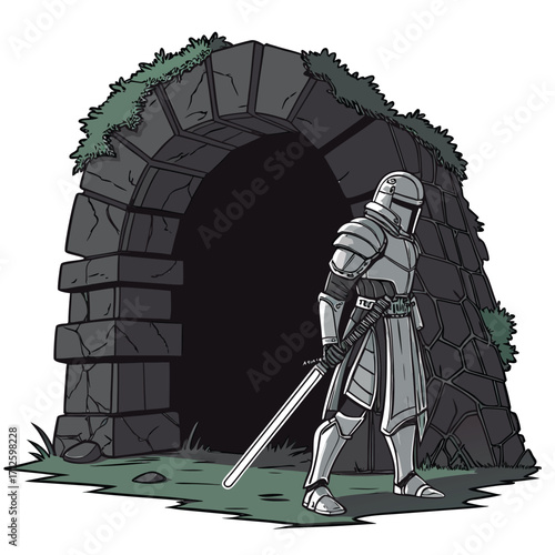 A knight in shining armor stands guard at the entrance to a dark, moss-covered stone archway.