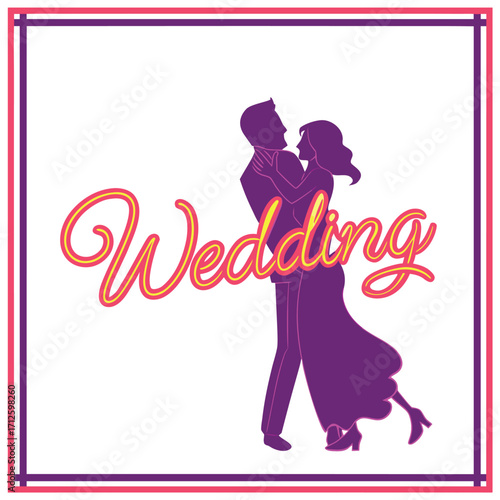 Wedding-themed graphic with a couple dancing, featuring the word 'Wedding' in cursive.