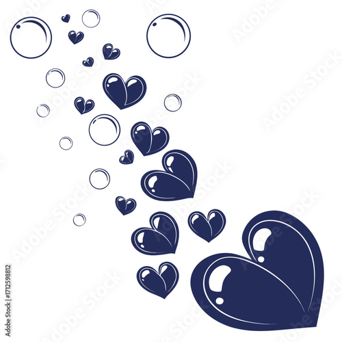 Dark blue glossy hearts and bubbles floating upwards on a white background, a vector graphic illustration representing love and emotion.