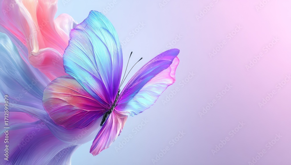 Fototapeta premium A vibrant, colorful butterfly takes flight amidst flowing, pastel-hued fabrics, showcasing a dynamic and ethereal composition.