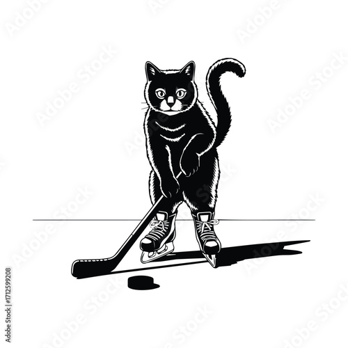 Whimsical black cat playing ice hockey in a fun silhouette