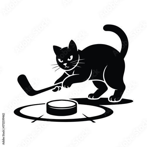 Black cat playing hockey with a puck and stick silhouette