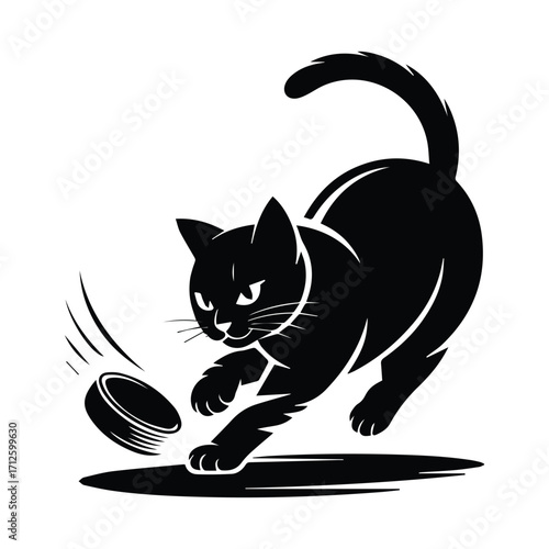 Playful black cat silhouette chasing a rolling puck silhouette