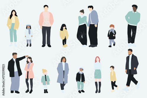 flat minimal people male and female vector illustration in winter clothing concept isolated set collection. For architecture rendering, graphic design, info graphic, media