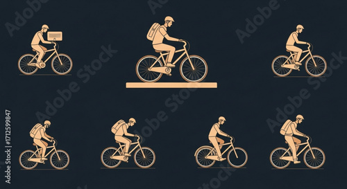 A collection of seven vector illustrations showcasing a person riding a bicycle in various poses, set against a dark background, creating a dynamic and engaging visual narrative