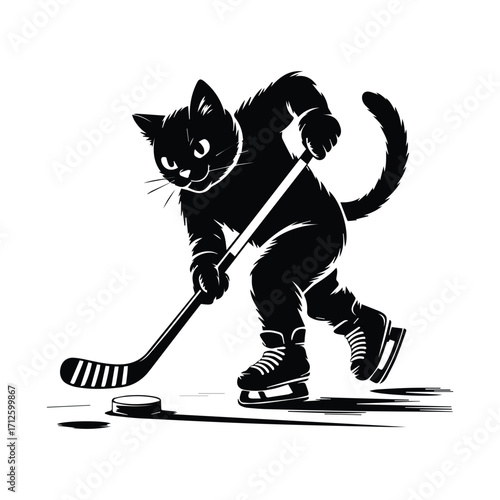 Playful black cat wearing ice skates plays hockey with a stick silhouette