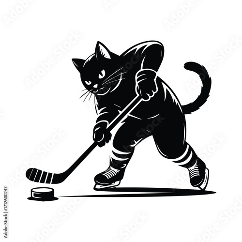 Black cat playing ice hockey in a dynamic silhouette pose silhouette