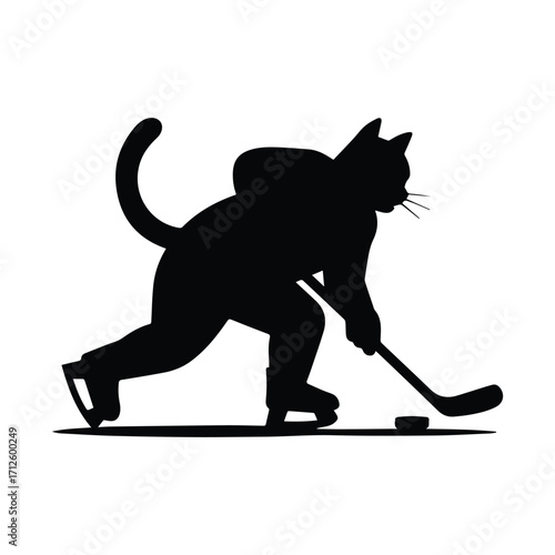 Playful cat wearing hockey gear playing ice hockey silhouette