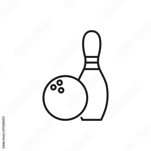 Bowling A bowling ball with three holes next to a pin Simple line art. Line icon. Editable stroke