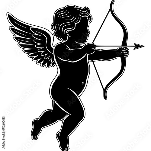 Cupid Silhouette: A detailed monochrome illustration of Cupid, bow drawn and arrow poised, ready to ignite hearts with love and affection.