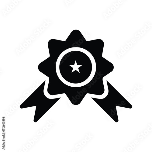 Black and white illustration of a rosette award with ribbons and a star on the center
