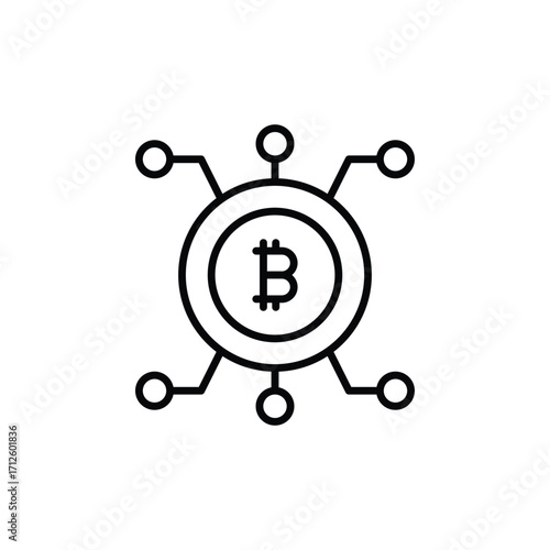 Black line icon of Bitcoin in a double circle with 6 circles around it connected by lines. Line icon. Editable stroke