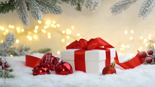 Christmas Holiday background with snow, fir tree gift box and decorations with christmas light behind. Christmas balls on a winter festive background.