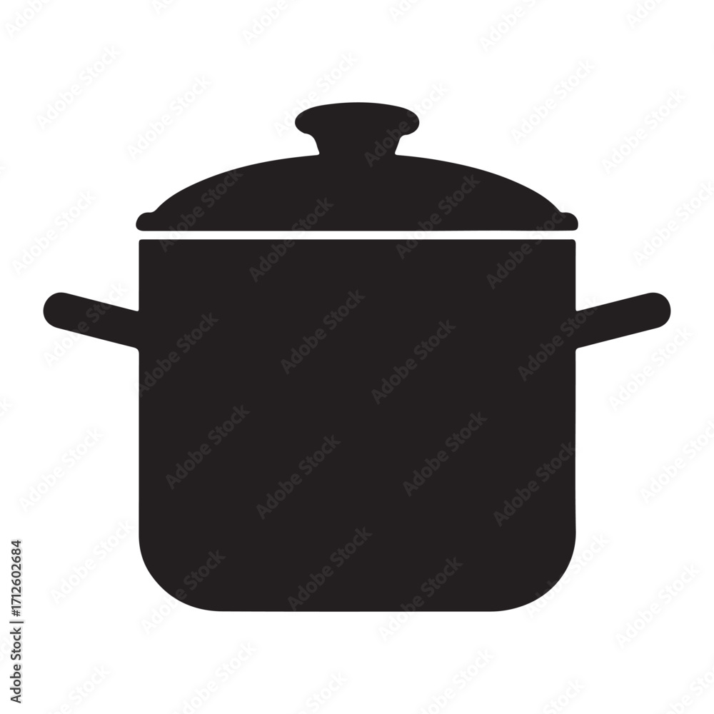 Obraz premium Simple Black Cooking Pot Illustration with Lid and Handles for Culinary Concepts and Restaurant Graphics Design Element