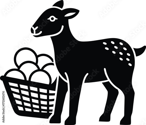 Cute farm animal vectors illustrate a brown goat with a basket of fresh food, a horse, and a donkey isolated on a white background