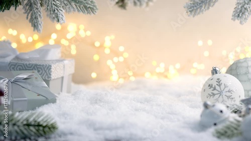 Christmas Holiday background with snow, fir tree gift box and decorations with christmas light behind. Christmas balls on a winter festive background.