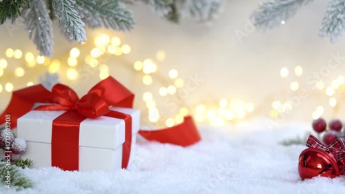 Christmas Holiday background with snow, fir tree gift box and decorations with christmas light behind. Christmas balls on a winter festive background.
