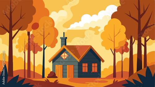 A cozy cabin nestled a a forest of yellow and bronze trees smoke curling from the chimney on a crisp autumn day.
